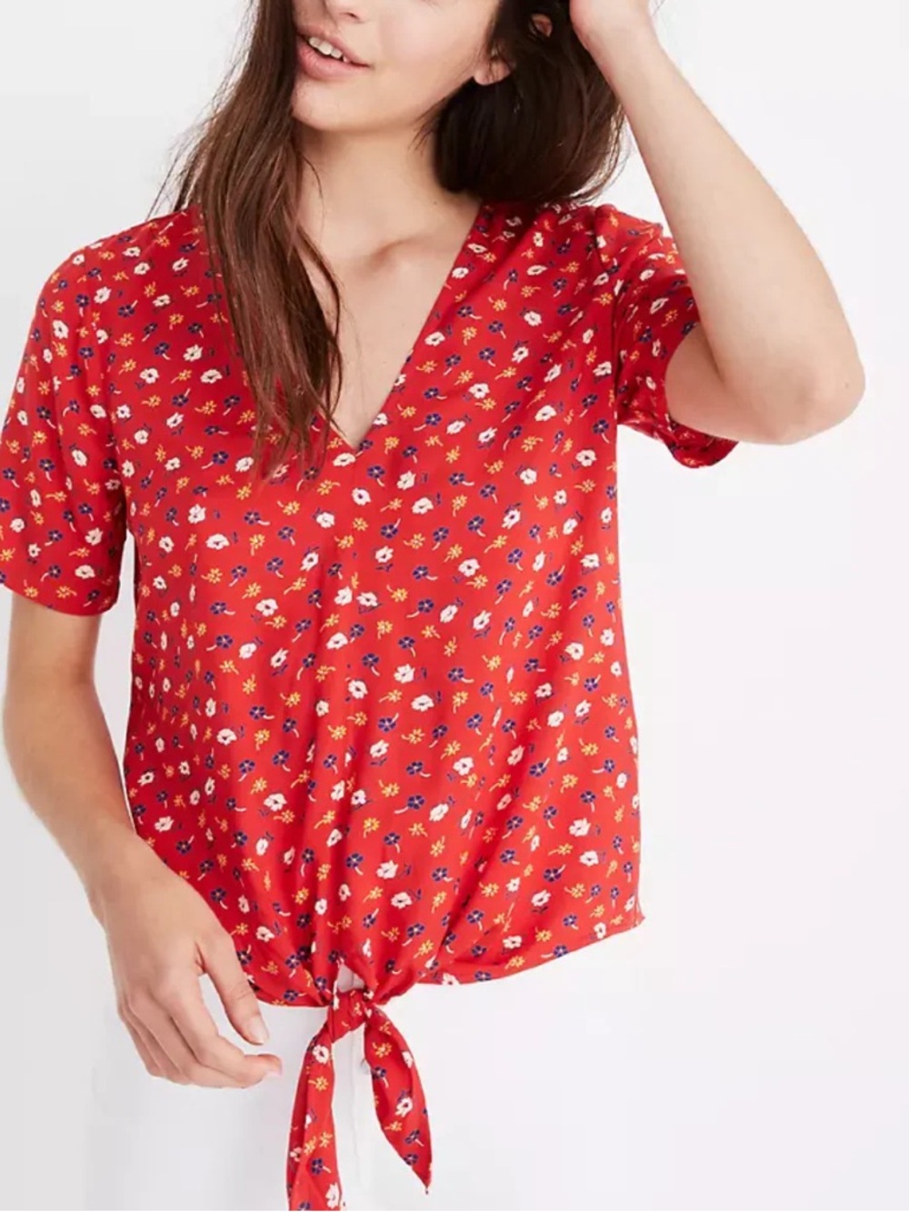 Madewell Novel Tie Front Top Prairie Posies Floral 100% Viscose Red 2020 Size L